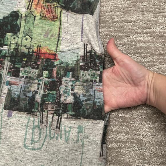 Iroah Dress Womens XS Gray Cityscape Graphic T Shirt Midi Pockets Art Print USA - Picture 5 of 13